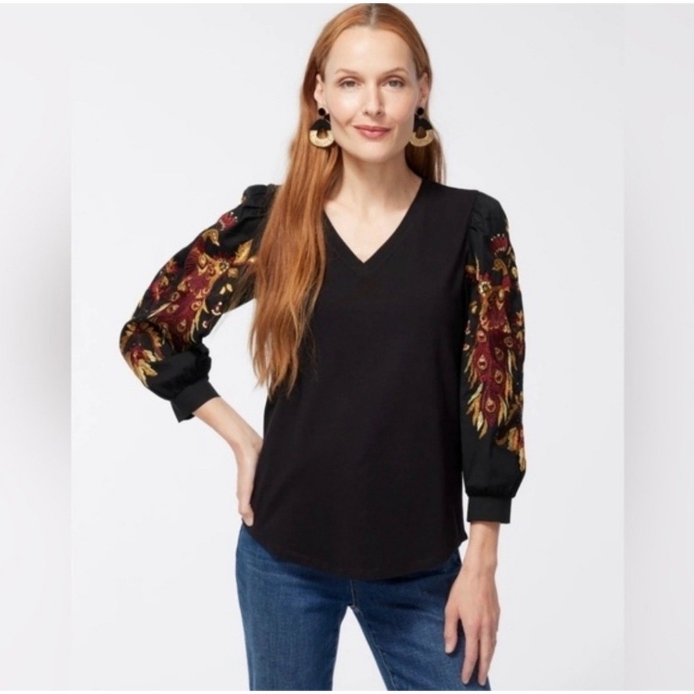 Chico's Embroidered Peacock Sleeve Top Women 2 Large Black V-Neck Knit Blouse